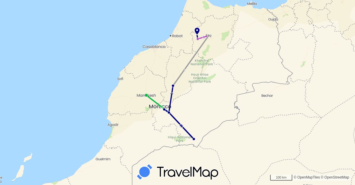 TravelMap itinerary: driving, bus, plane, train in Morocco (Africa)
